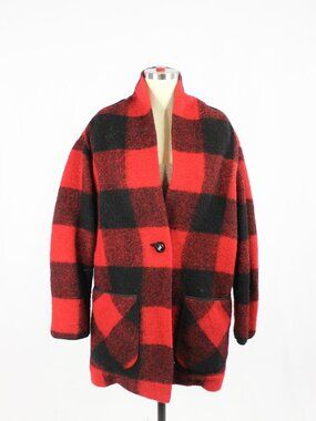 Aritzia WILFRED FREE Off Duty Red Black Check Wool Blend Cocoon Coat, Size S